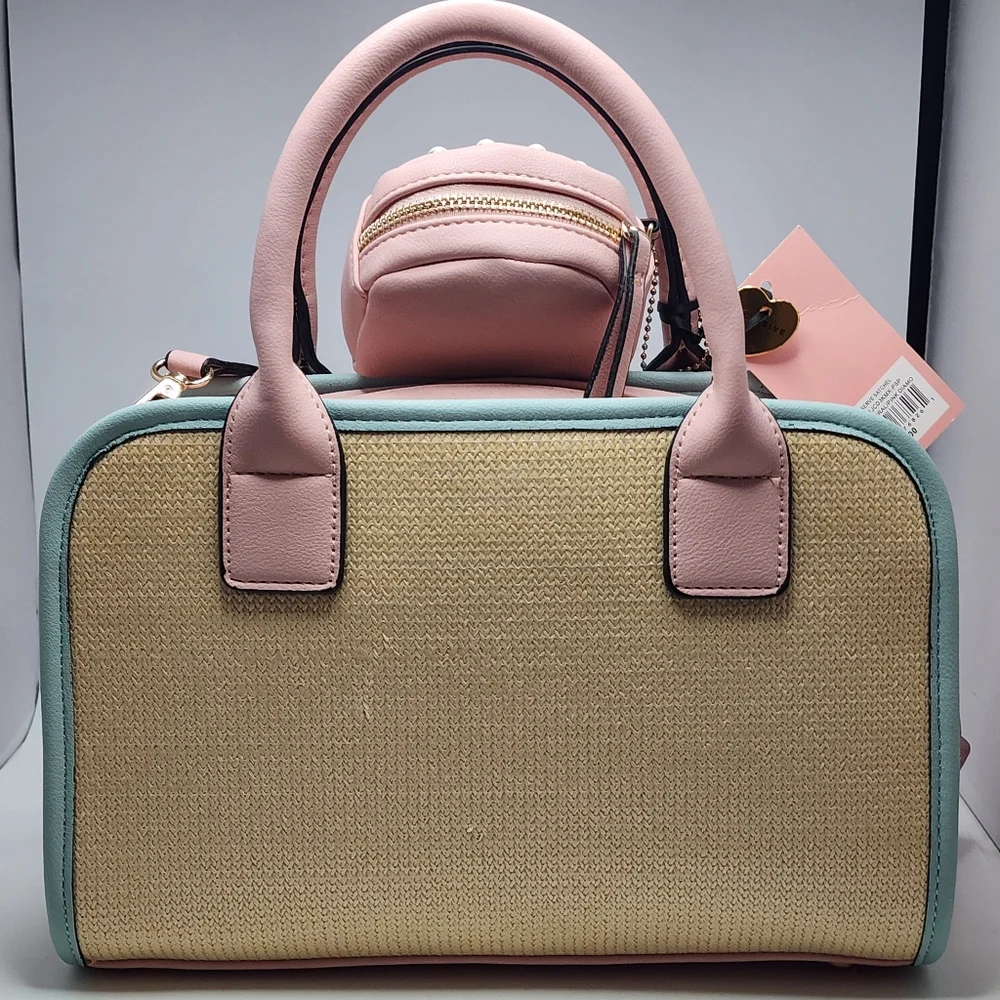 Juicy Couture Pink & Straw Satchel Bag NWT Logo Front Pocket + Coin Purse